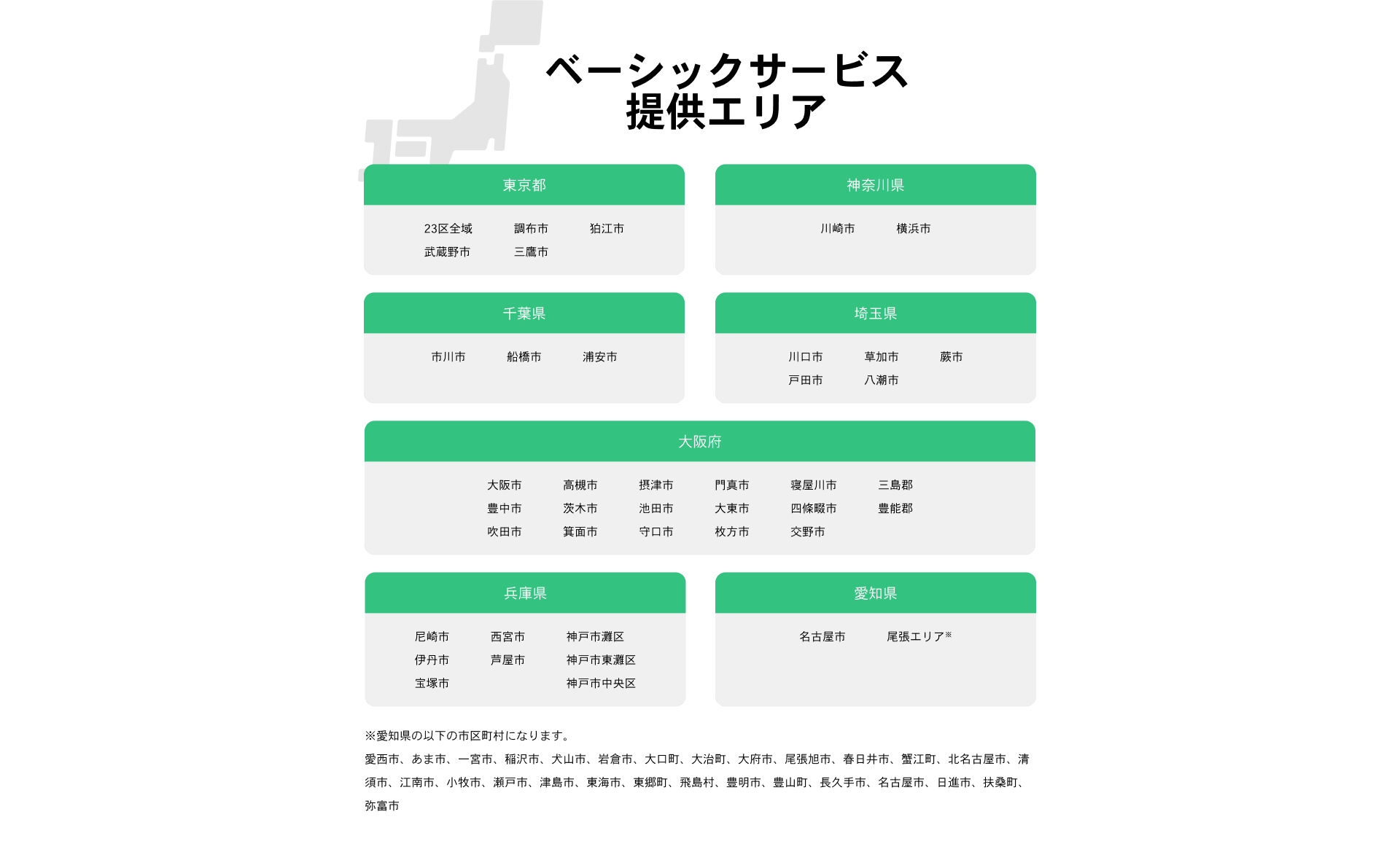 サービス提供エリア 東京都 神奈川県 千葉県 埼玉県 大阪府 兵庫県 愛知県