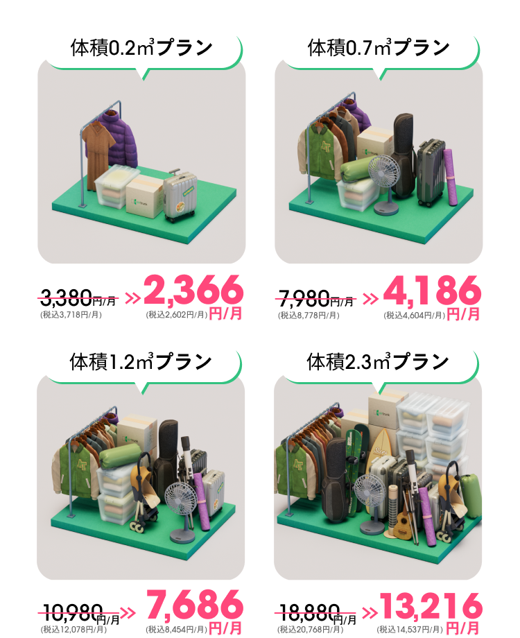 0.2㎡プラン[0.1畳]2,366円 0.7㎡プラン[0.3畳]4,186円 1.2㎡プラン[0.5畳]7,686円 2.3㎡プラン[1.0畳]13,216円 ※首都圏の場合