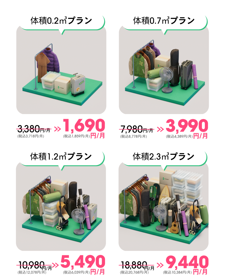 0.2㎡プラン[0.1畳]1,960円 0.7㎡プラン[0.3畳]3,990円 1.2㎡プラン[0.5畳]5,490円 2.3㎡プラン[1.0畳]9,440円 ※首都圏の場合