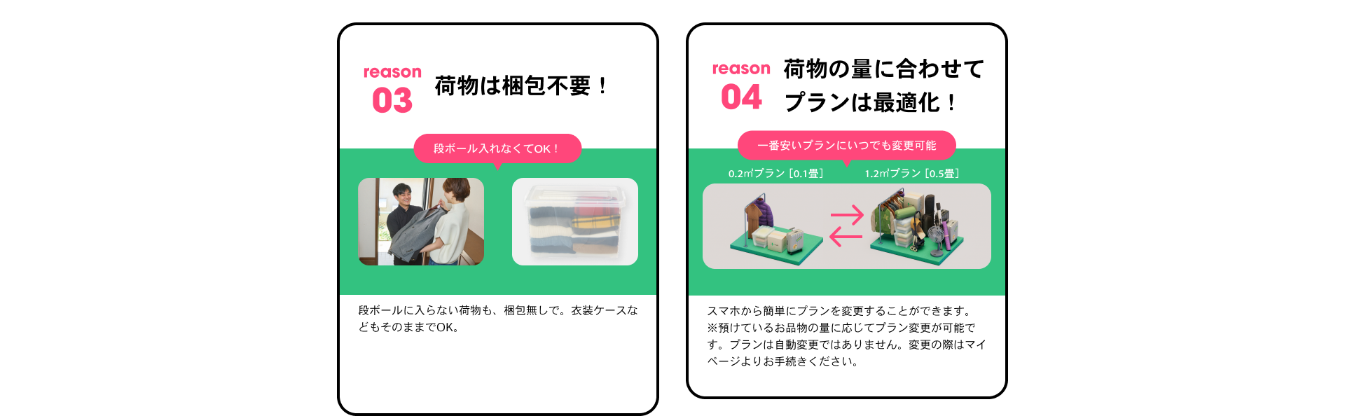 reason03 荷物は梱包不要！ 段ボールに入れなくてOK！ 段ボールに入らない荷物も梱包なしで。衣装ケースなどもそのままでOK。reason04 荷物の量に合わせてプランは最適化！ 一番安いプランにいつでも変更可能 スマホから簡単にプランを変更することができます。※預けているお品物の量に応じてプラン変更が可能です。プランは自動変更ではありません。変更の際はマイページよりお手続きください。